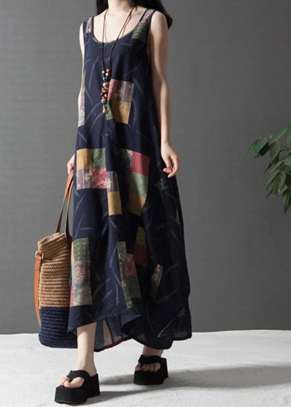 Bohemian Black Print Cotton Vacation Dresses Sleeveless Artistic Women's Hand - painted