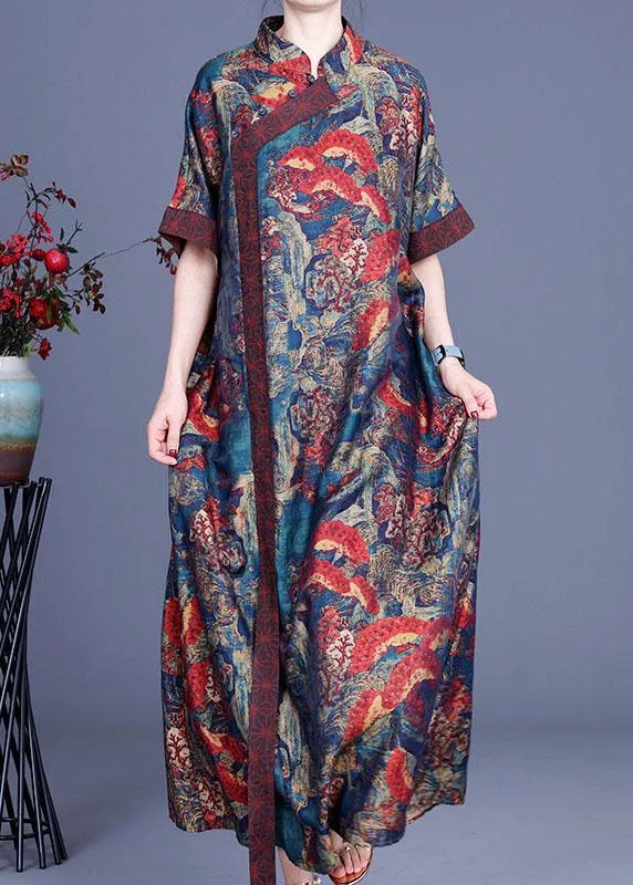 Bohemian Blue Print Silk Robe Dresses Spring Earthy Women's Hemp - based
