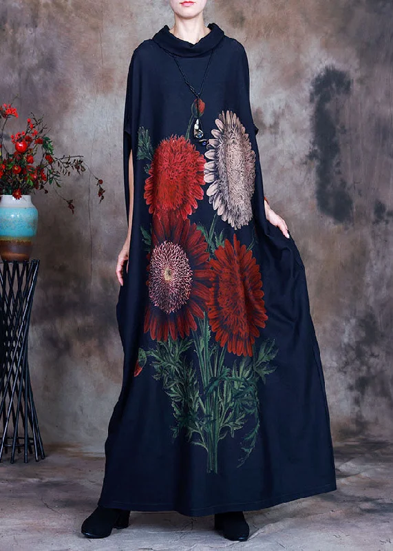 Bohemian Blue Turtle Neck Print Velour Robe Dresses Spring Dapper Women's Bow - adorned