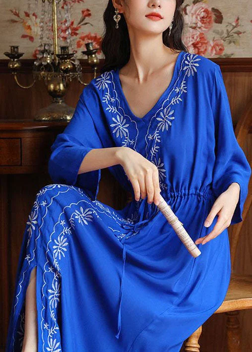 Bohemian Blue V Neck Embroideried Side Open Cotton Cinced Dresses Summer Practical Women's Quick - dry