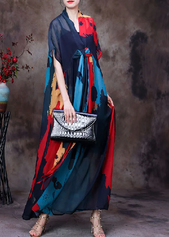 Bohemian Blue V Neck Print Chiffon Beach Dresses Short Sleeve Refined Women's Velvet