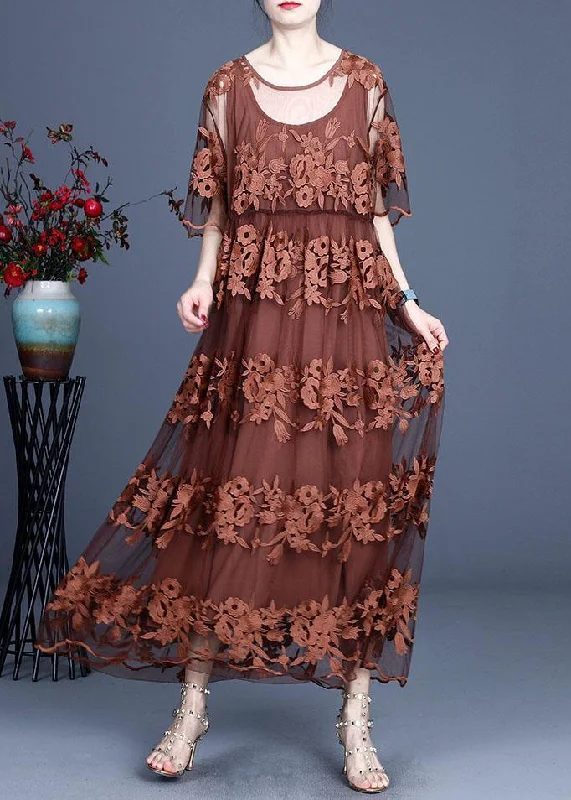 Bohemian Chocolate Embroideried Summer Lace Summer Dresses Half Sleeve Minimalist Women's Casual