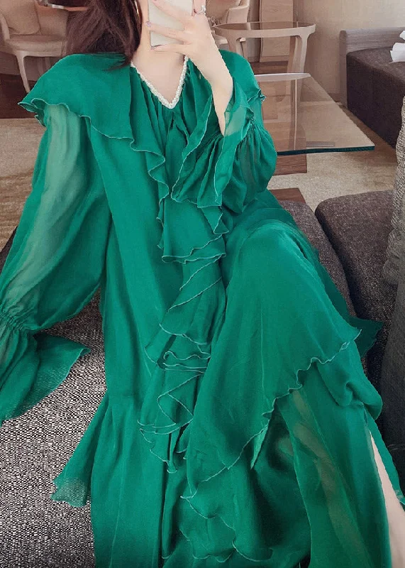Bohemian Green V Neck Print Nail bead Wrinkled Silk Maxi Dresses Lantern Sleeve Relaxed Women's Beachy