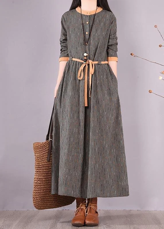 Bohemian O Neck Tie Waist Spring Quilting Dresses Work Black Striped Maxi Dresses Stylish Women's Neon