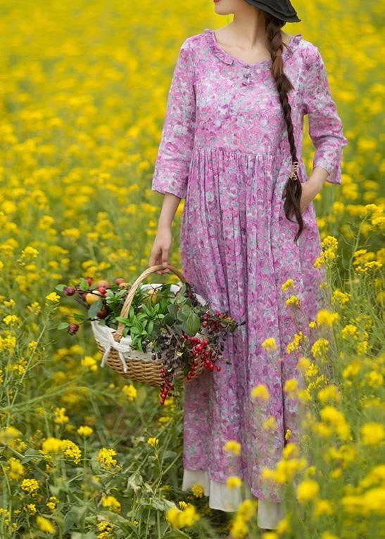 Bohemian Purple Print Quilting Dresses O Neck Ruffles Maxi Summer Dress Sporty Women's Tennis