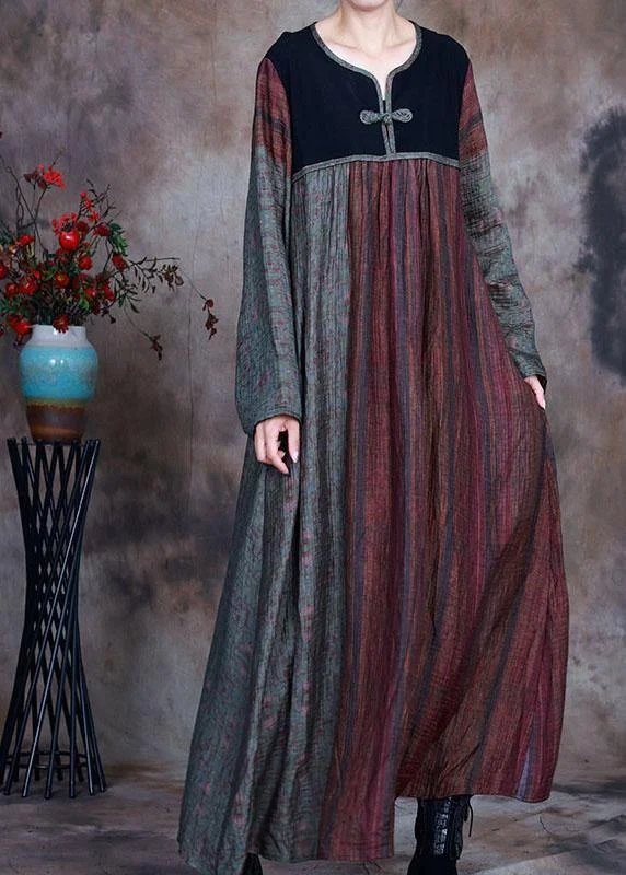 Bohemian Red Green retro Patchwork Print Fall Long sleeve Long Dresses Elegant Women's 