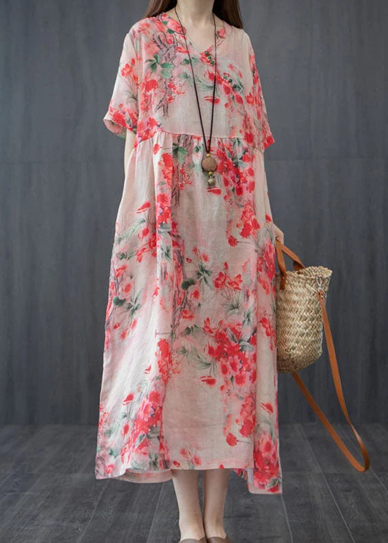 Bohemian Red V Neck Wrinkled Patchwork Linen Dresses Short Sleeve Monochromatic All - in - one