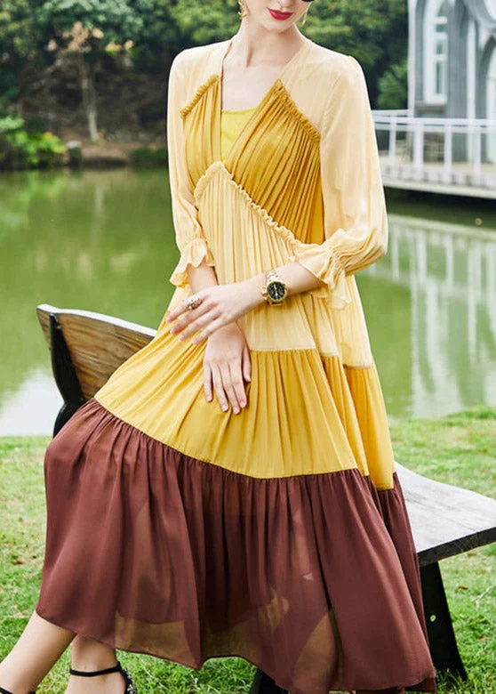 Bohemian V Neck Patchwork Silk Maxi A Line Dresses Spring Relaxed Women's 