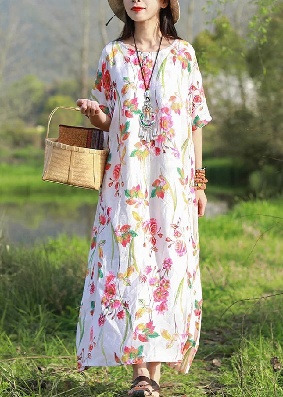 Bohemian White O-Neck Floral Print Beach Dresses Short Sleeve Earthy Women's 
