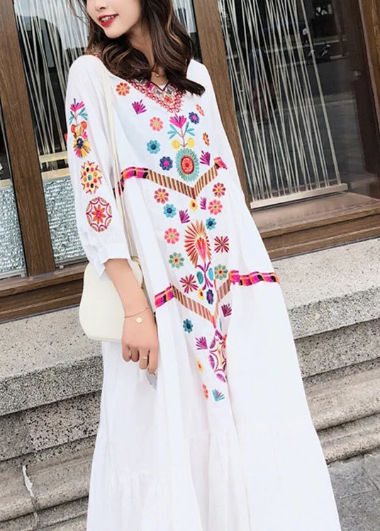 Bohemian White V Neck Embroideried Floral Patchwork Holiday Long Dresses Spring Confident Women's Power