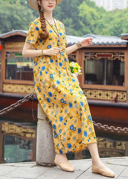 Bohemian Yellow O-Neck Print Cotton Dresses Short Sleeve Refined Women's 