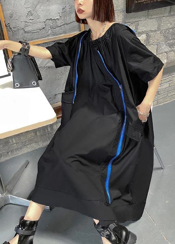 Boho Black Pockets Cotton zippered Summer Long Dresses Cool Women's Distressed