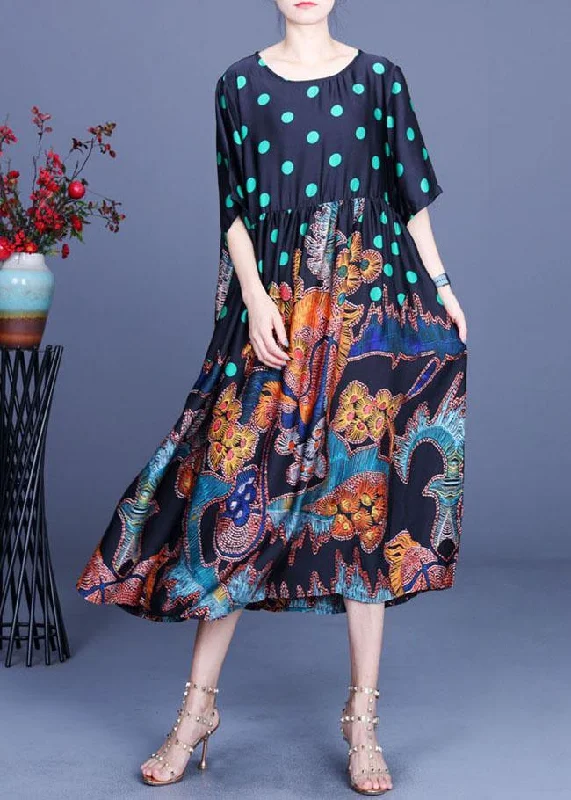 Boho Black Print O-Neck Half Sleeve Silk Vacation Dresses Summer Sophisticated Women's Tailored