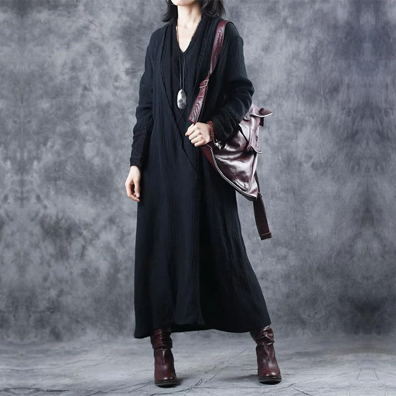 Boho Black V Neck Patchwork Pockets Fall Dresses Long Sleeve Cashmere