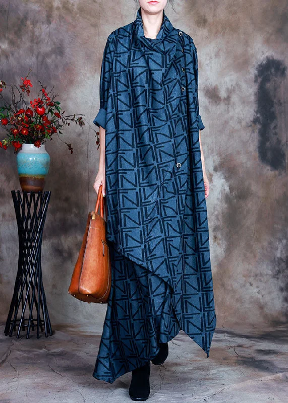 Boho Blue Asymmetrical Print Robe Dresses Spring Tough Women's Military - inspired
