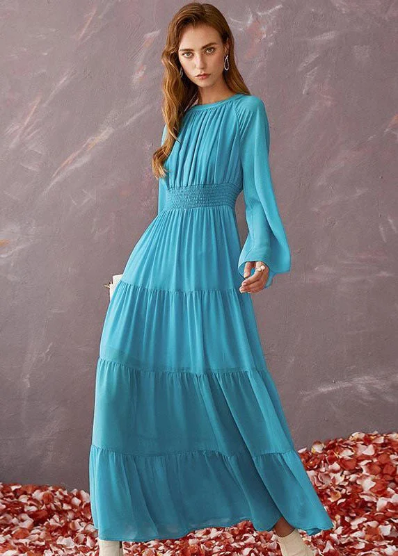 Boho Blue O-Neck Patchwork Wrinkled Chiffon Beach Dresses Long Sleeve Modern Women's 