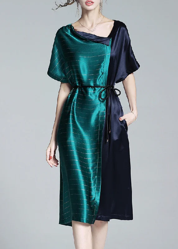 Boho Blue Patchwork Green Asymmetrical Tie Waist Satin Shirt Dresses Summer Australian Beach