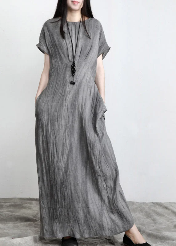 Boho Grey O-Neck Pockets wrinkled Tie Waist Linen Long Dresses Short Sleeve Athletic Women's High - 