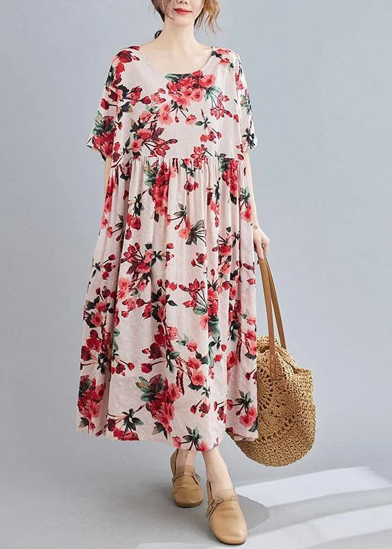 Boho Pink  Floral  O-Neck Patchwork Summer Half Sleeve Dresses Casual Women's Loose - fitting