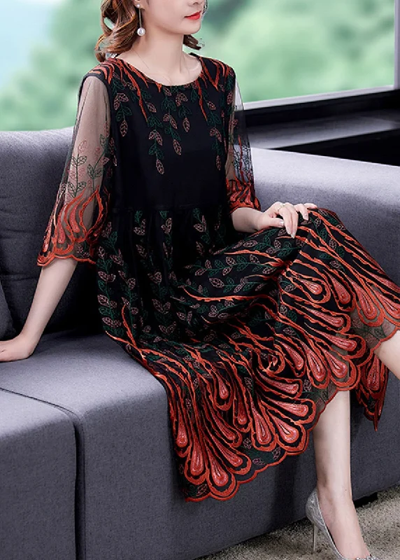 Boho Red Embroideried Tulle Silk Maxi Dresses Summer Youthful Women's Pop