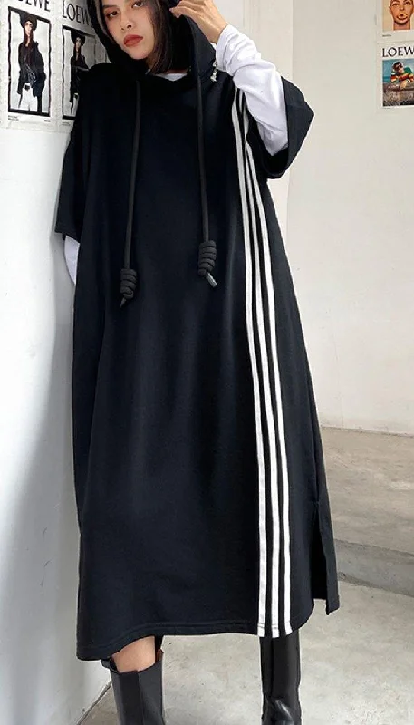 Boutique Black hooded Cotton side open Summer Dresses Refined Women's Hand - crafted
