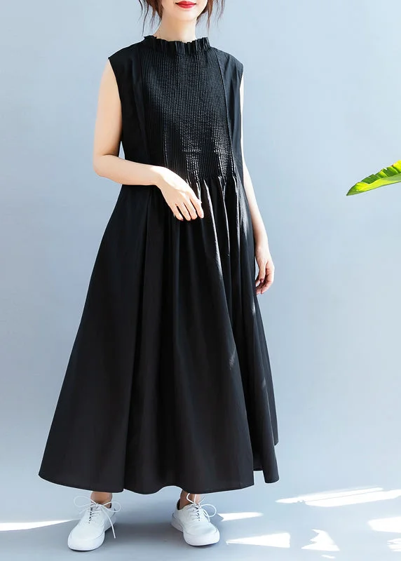 Boutique Black Ruffled wrinkled Cotton Dresses Sleeveless Hip Women's Urban