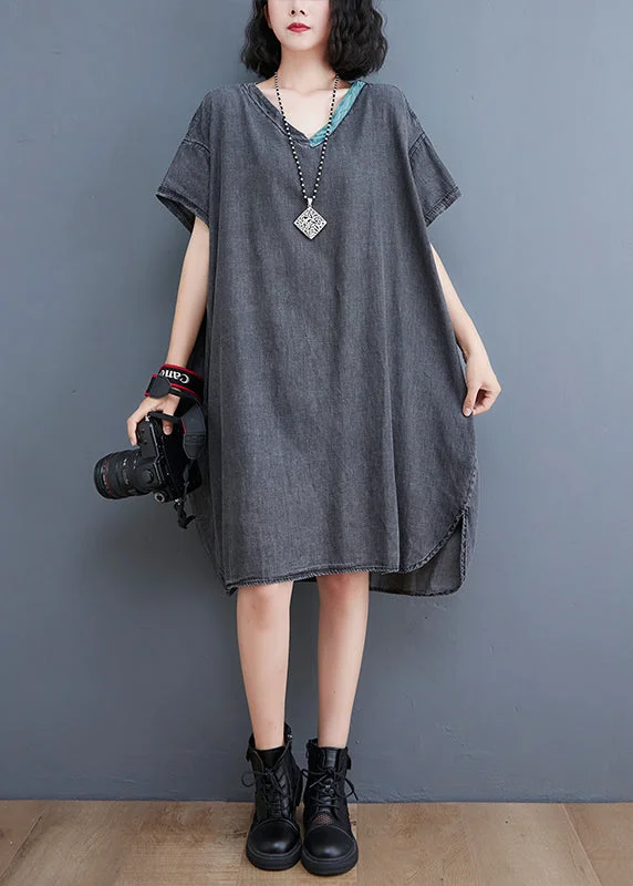 Boutique Black V Neck Patchwork low high design Denim Dresses Short Sleeve Cozy Women's Winter