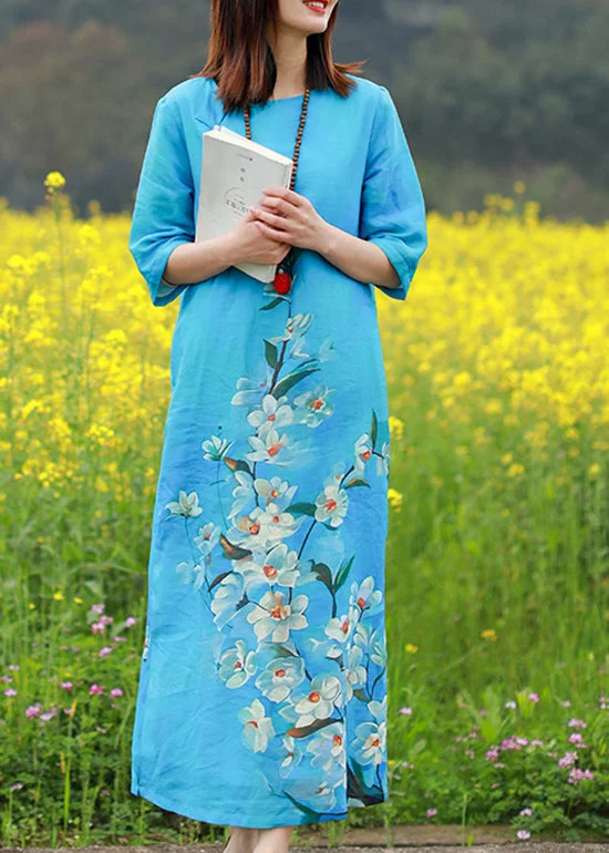 Boutique Blue O-Neck side open Floral Print Linen Long Dresses Half Sleeve Sustainable Organic