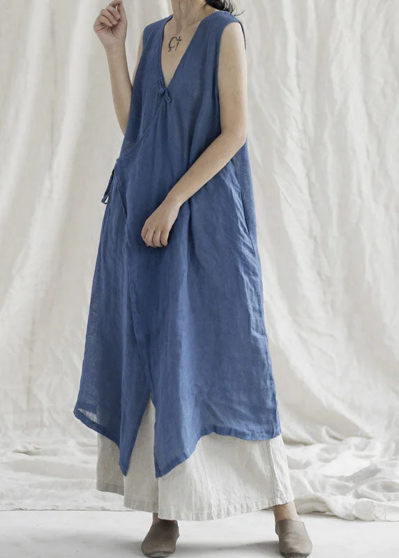 Boutique Blue V Neck Pockets Linen Dresses Sleeveless Trendy Women's Oversized