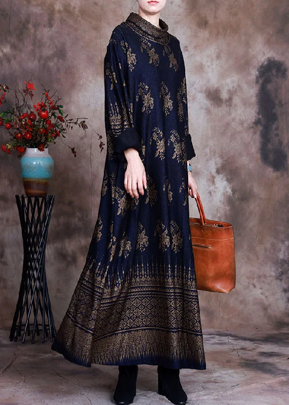 Boutique dark Blue print Vacation Dresses Spring Polished Women's Silk