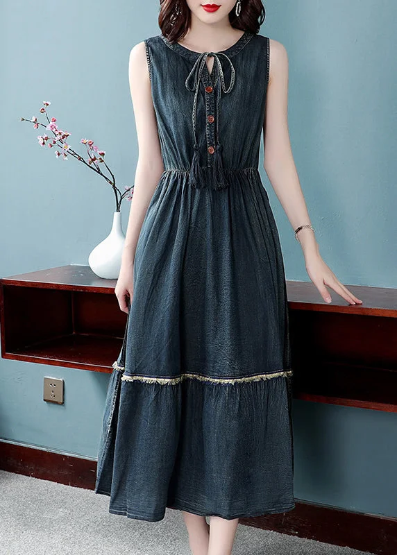 Boutique Denim Blue O-Neck Lace Up Button Cotton Cinch Dresses Sleeveless Sleek Women's 