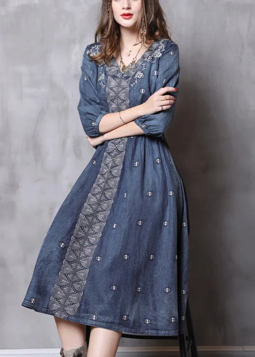 Boutique Denim Blue V Neck Embroideried Elastic Waist Cotton Dresses Bracelet Sleeve Contemporary 