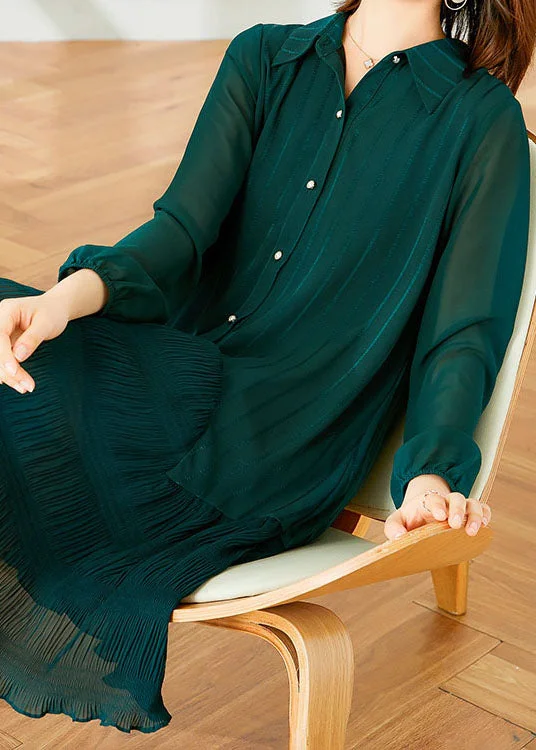 Boutique Green Striped Wrinkled Patchwork Chiffon Shirts Dresses Spring Luxurious Women's High -  end