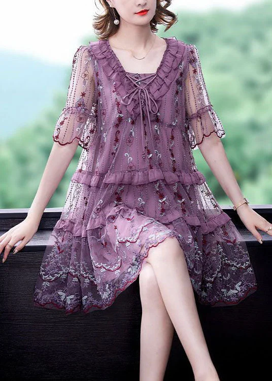 Boutique Purple Ruffles Print Hollow Out Tulle A Line Dresses Summer Stylish Women's Tropical 