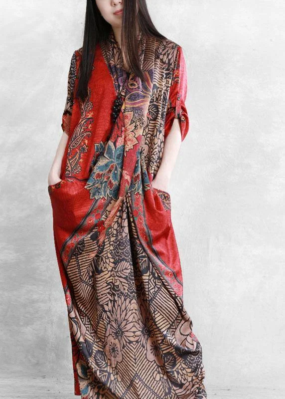Boutique Red Pockets Patchwork Fall Asymmetrical Design Long Dresses Half Sleeve purpose