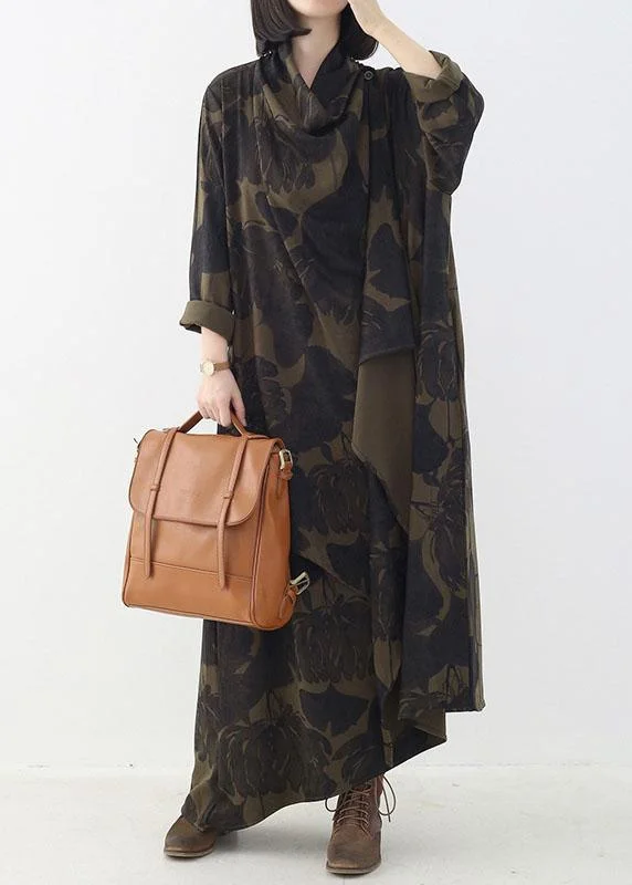 Boutique Tea Green Button Print asymmetrical design Fall Dresses Long sleeve Practical Women's Multi - 