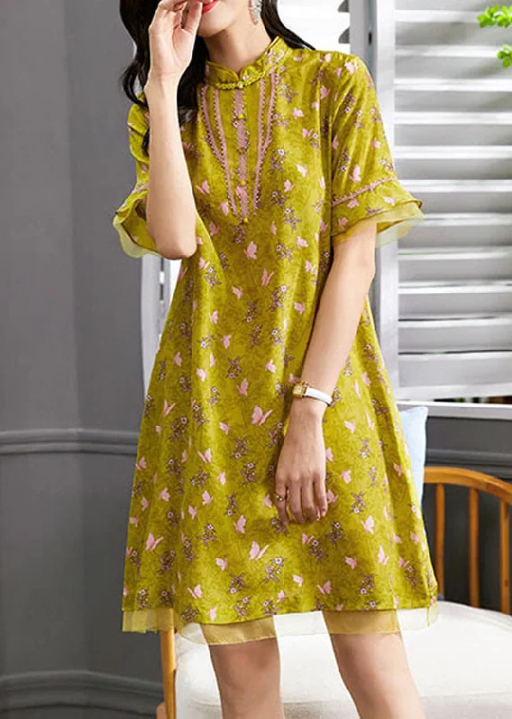 Boutique Yellow Mandarin Collar Floral Print Tulle Patchwork Silk Dresses Flare Sleeve Dynamic Women's Moto