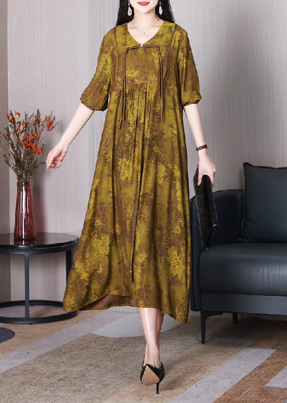 Boutique Yellow V Neck Patchwork Tasseled Print Silk Dresses Spring Traditional Women's 