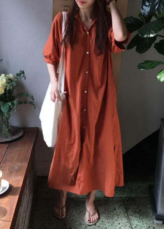 Brick Red Button Cotton Dresses wrinkled Half Sleeve Artistic Women's Avant - 