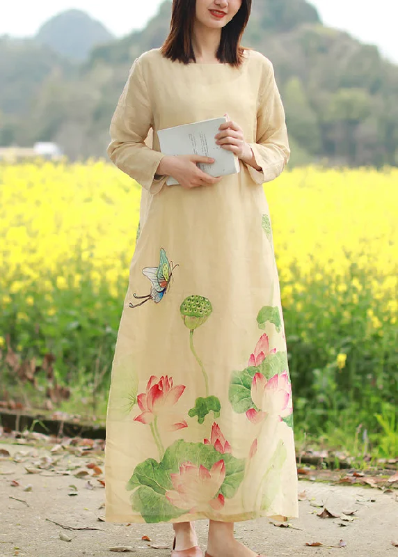 Brief Beige O-Neck Butterfly Floral Print Linen Dresses Long Sleeve Bold Women's Statement