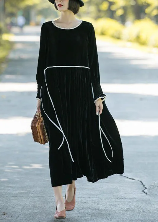 Brief Black O-Neck Patchwork Silk Velour Long Dresses Long Sleeve Country
