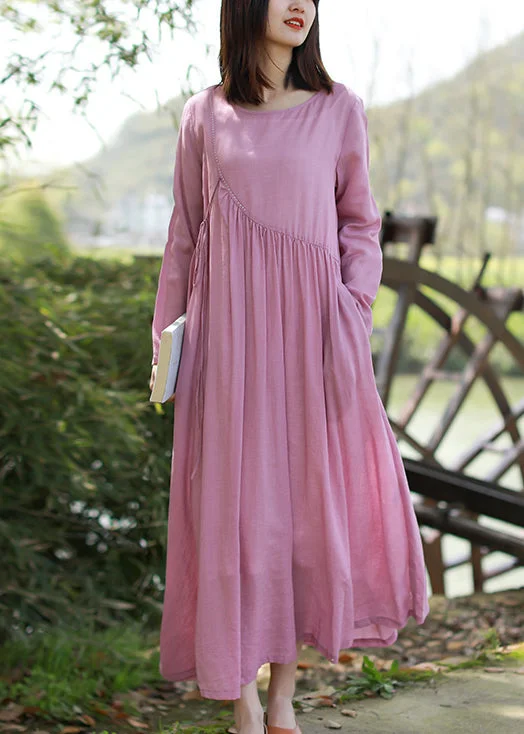 Brief Pink O-Neck tie waist wrinkled Linen Dresses Long Sleeve Monochromatic Office Style