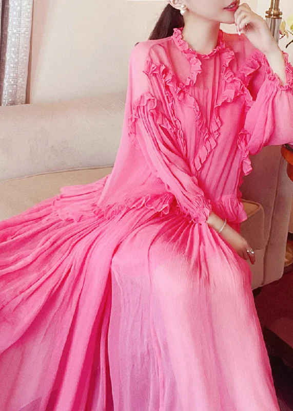 Brief Red Turtleneck Ruffled Vacation Silk Long Dresses Long Sleeve Vacation