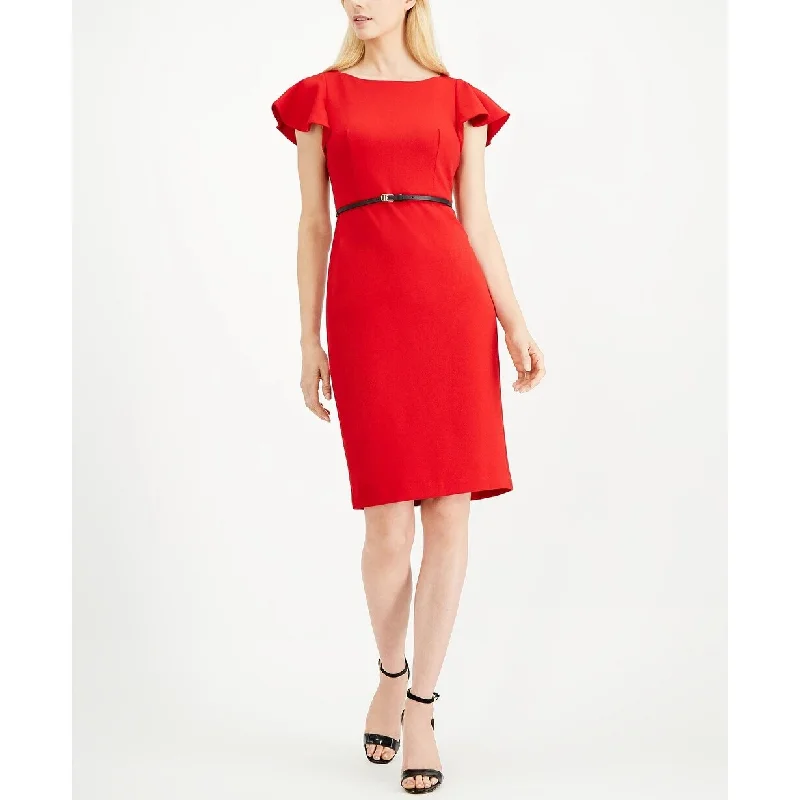 Calvin Klein Women's Belted Ruffle Sleeve Sheath Dress Red Size 12