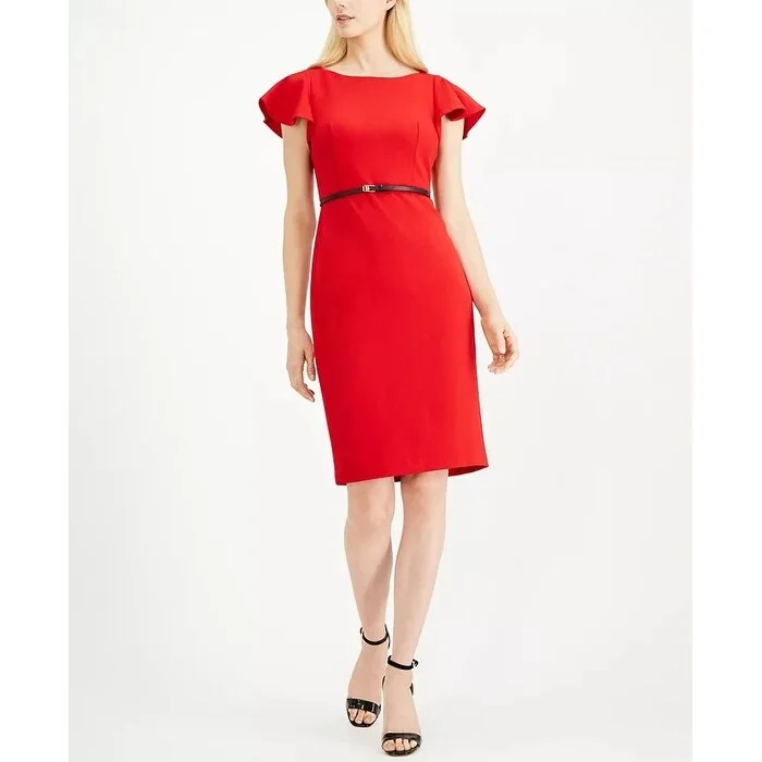 Calvin Klein Women's Belted Ruffle Sleeve Sheath Dress Red Size 14