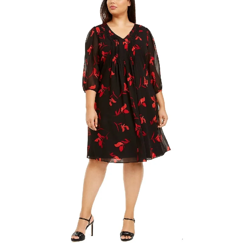 Calvin Klein Women's Plus Size Red Floral Babydoll Dress Red Size 14