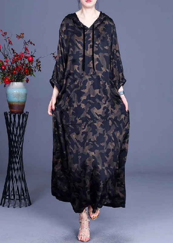 Camouflage Hooded Print Casual Summer Silk Long Dresses Bohemian Women's Free
