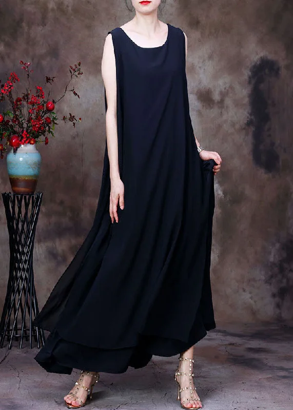 Casual Black Asymmetrical Design Chiffon Long Dresses Sleeveless Cozy Women's Sherpa - lined