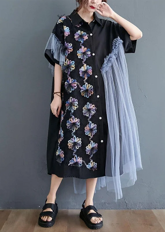 Casual Black Patchwork Tulle Peter Pan Collar Summer Button Dresses Half Sleeve Adventure