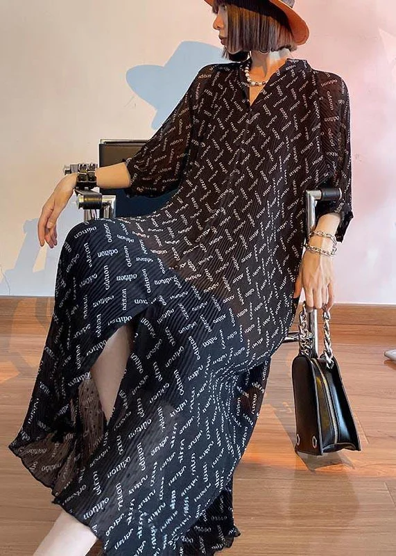 Casual Black Print Chiffon Short Sleeve long shirts Summer Dresses Edgy Women's Punk